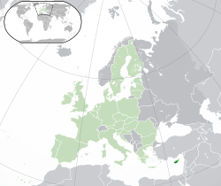 Location of Cyprus in bright green, showing the republic of Cyprus in darker green and the self-declared republic of Northern Cyprus in brighter green, with the rest of the European Union shown in faded green