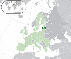Location of  Latvia  (dark green)– in Europe  (green & dark grey)– in the European Union  (green)  –  [Legend]