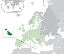 Location of  Malta  (Green circle)– in Europe  (light green & dark grey)– in the European Union  (light green)  –  [Legend]