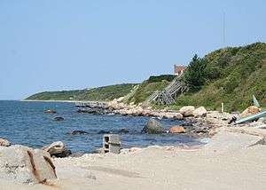 A shallow and rocky beach.