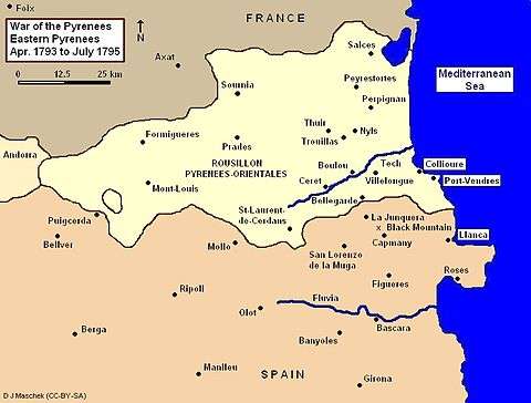 Map covers the area from the Mediterranean on the east to Andorra on the west, and from Girona on the south to the northern border of Pyrenees-Orientales department on the north.