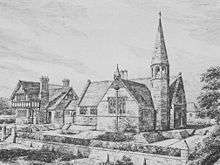 A black-and-white drawing, with the house to the left and the school to the right.  The house is in stone with a jettied timber-framed upper storey; the school is in stone, T-shaped, and has a narrow octagonal turret and spire on its right.