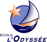 A logo design with a boat sailing on the sea with a large orange star shining beside it.