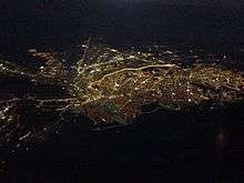Aerial view of El Paso, Texas and Ciudad Juárez, Chihuahua; the border can clearly be seen as it divides the two cities at night