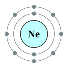 An atomic shell diagram with neon core, 2 electrons in the inner shell and 8 in the outer shell.