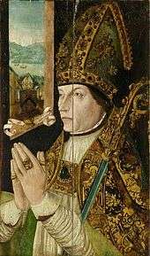 A colour painting of a man with a bishop's mitre and crook praying, with a window in the background