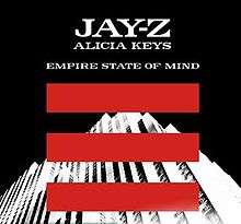 An image of a white building shown at a slanted angle with three red lines coming across the image of the building. The words "Jay-Z", "Alicia Keys" and "Empire State of Mind" written in capital letters overlapping a black background can also be seen.