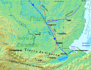 Northern Guatemala is a flat lowland plain dropping off from the Cuchumatanes mountain range sweeping across in an arc to the south. To the east of the mountains is the large lowland Lake Izabal, with an outlet into the Amatique Bay to the east, which itself opens onto the Gulf of Honduras. Immediately north of the mountains is the Lacandon forest, with Petén to the northeast. Ystapalapán was a settlement in the western Cuchumatanes. Cobán was in the foothills halfway between Ystapalapán in the west and Lake Izabal in the east. Xocolo was at the northeastern extreme of Lake Izabal, where it flows out towards the sea. Nito, also known as Amatique, was on the coast where the river flowing out of the lake opened into the Amatique Bay. Lake Petén Itzá was in the centre of Petén, to the north. It was the location of Nojpetén. Tipu was situated to the east of Nojpetén, just to the east of the modern border with Belize. The "Tierra de Guerra" ("Land of War") covers a broad northern swathe of the mountains and the southern portion of the lowlands. The 1525 entry route crossed from the north, to the northwest of Lake Petén Itzá, passing the western tip of Nojpetén and close to the city. It then continued southeast to Xocolo, where it turned northeast to Nito, where it ended on the Caribbean coast. The 1618–1619 route entered from northeastern Belize and crossed southwest to Tipu, then headed westward to Nojpetén. A 1695 route left Cahabón and headed northeast before turning north to Mopán. From Mopán it curved northwest to Nojpetén. The 1695–1696 route entered from the north extreme and meandered southwards to Nojpetén.