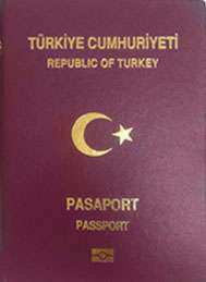 cover of Turkish passport (maroon with gold letters)
