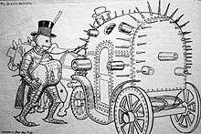 A cartoon of a man dressed in an iron suit, wearing a black top hat with a lockbox chained to his neck, getting into a horse-drawn carriage made out of metal and covered with spikes and cannons.