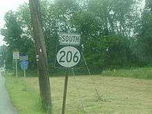 A  roadside shield in the foreground reading south Route 206 with a shield for south Sussex County 521 in the distance
