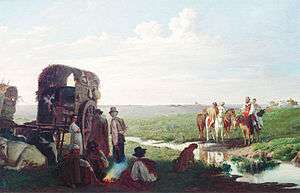 Painting depicting a wide, treeless plain with a wagon and horses resting along the sides of a small stream