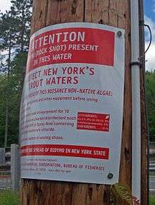 A red and white sign on a telephone pole seen in closeup from one side. The text that is visible describes rock snot and advises anglers how to control it