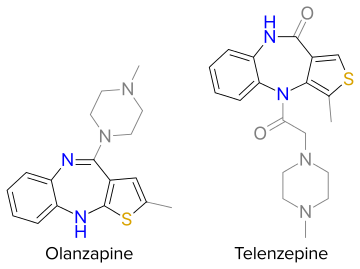 General structure of thienobenzodiazepines. Core is highlighted by black and color. Grey depicts accessory functional groups.