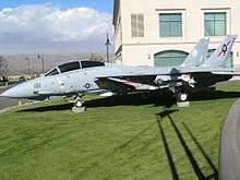 A twin-tailed jet fighter is posed on the lawn.