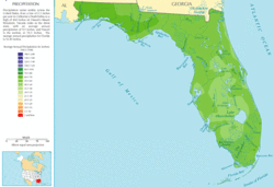Map of Florida showing relative rainfall. Florida's panhandle has the highest, with central Florida and south central Florida relatively less.