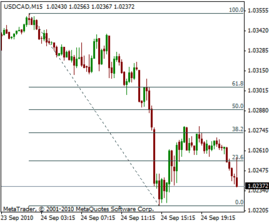 Fibonacci retracement levels shown on the USD/CAD currency pair