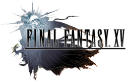 A one-winged woman in flowing robes rests with her head on her arms. Behind her is a crystal sphere surrounded by a sun-like adornment, with a serpentine creature woven into it. She rests near the logo of Final Fantasy XV. The piece is done in a pastel watercolor style that fades from silver to blue to black.