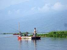 Two fishermen in a boat on the lake