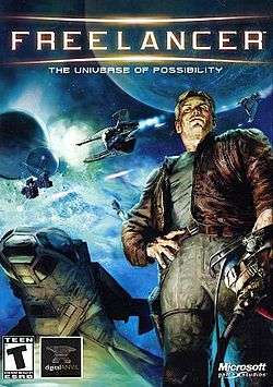 A blond man, wearing an unbuttoned leather jacket, stands at the right, holding a pilot's helmet in his left hand. In the background, spacecraft engage in a massive battle.  The words "Freelancer: The Universe of Possibility" are emblazoned at the top.