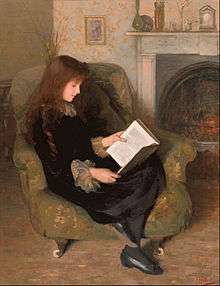 oil on canvas painting of a young woman in late Victorian dress, sitting in a chair by a fireplace, reading a book