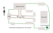 A plan of the temple site shows the placement of the buildings as described in the body of the article
