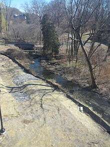 A stream runs between leafless trees, beneath a footbridge, and towards a reed-heavy area.