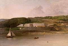 Painting of Fort Knox in the 1870s, with small boats in the foreground and forest behind.