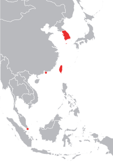 A map showing the Four Asian Tigers. (From top to bottom: South Korea, Taiwan, Hong Kong and Singapore.)