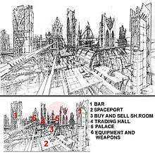 A city of towering buildings is sketched out in black and white; arches are prominent in the structures. The buildings are labeled at the bottom as a bar, a spaceport, a buy and sell showroom, a palace, and an equipment and weapons structure.