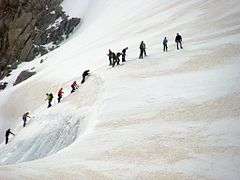 mountaineers roped together on a glacier