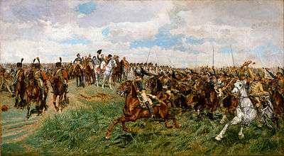 Painting showing masses of cuirassiers charging past Napoleon as he waves his hat