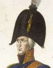Painting of a frowning man wearing a blue military coat with a high collar and an enormous bicorne hat.