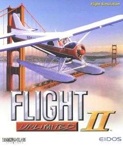 A red and white floatplane flies near the Golden Gate Bridge. Fog rises below and San Francisco is visible in the distance. Stylized words reading "Flight Unlimited II" appear at the bottom.