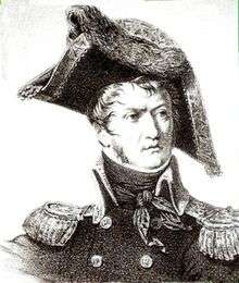 Black and white print of a frowning man with long sideburns. He wears a dark military uniform and an enormous bicorne hat.