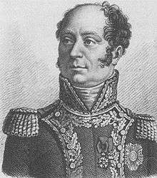 Black-and-white print of a man with a cleft chin and curly hair except for the large bald spot on top. He wears a dark uniform with a high collar, epaulettes, and a lot of braid.