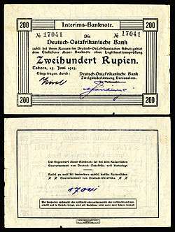 A 200 German East African rupie provisional banknote issued in Dar es Salaam from 1915–17. Currency had to be printed locally due to a significant lack of provisions resulting from the naval blockade.
