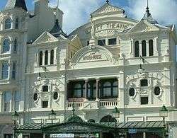 Gaiety Theatre facade, situated roughly in the centre on the promenade as it sweeps around the bay of Douglas town