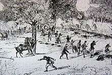  Pen and ink sketch of a sparse line of soldiers firing rifles at a larger force of soldiers charging at them. One of the oncoming soldiers carries the Confederate battle flag