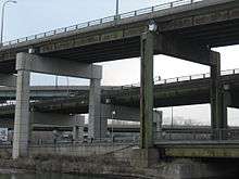 Concrete structure holding up two elevated sections of road