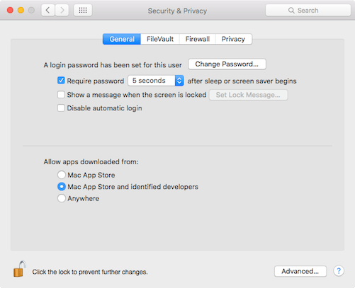 Screenshot of the System Preferences application of OS X Yosemite, showing the three Gatekeeper options as radio buttons.