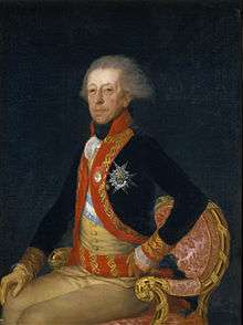 Portrait depicts a seated elderly man with flyaway gray hair. His 18th century clothing includes a black coat with buff waistcoat and breeches. To a modern eye, his pose appears effete with his right hand on his knee and his left hand on his hip.