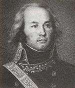 Black and white print of a hatless man with shoulder-length hair. He wears a dark military uniform of the late Revolutionary era with a high collar and two rows of buttons.
