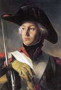 Painting shows a man in a large bicorne hat and a dark blue uniform with his hands resting on a musket.