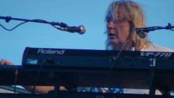 Geoff Downes plays behind a Roland keyboard