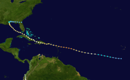 A map of a storm's path across a portion of the Atlantic Ocean. The track starts near the Cape Verde Islands, and heads generally west-northwestward. South America is depicted on the lower-left side of the map.