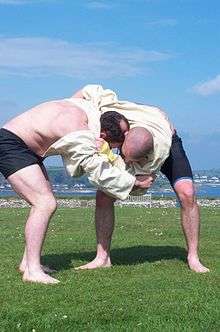 Gerry and Ashley Cawley wrestling at Pendennis Castle, 6 May 2002
