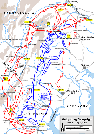 A map showing Union and Confederate movements at the corps level during the opening phases of the Gettysburg Campaign, with Stuart's cavalry ride shown with a red dotted line.
