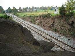 Photo shows a railroad cut from underneath an overpass. In the distance is the town of Gettysburg.