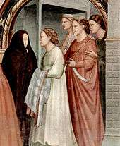 Giotto di Bondone details of figures at the Golden Gate in the Meeting of Anna and Joachim